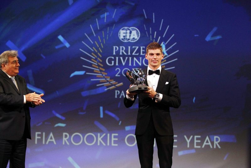 2015-12-04 00:00:00 epa05055323 A handout picture made avialable by the FIA of Dutch Formula One driver Max Verstappen of Scuderia Toro Rosso posing with the Rookie of the Year award trophy at the International Automobile Federation (FIA) Prize Giving Gala 2015 in Paris, France, 04 December 2015. EPA/FLORENT GOODEN - FIA HANDOUT EDITORIAL USE ONLY/NO SALES