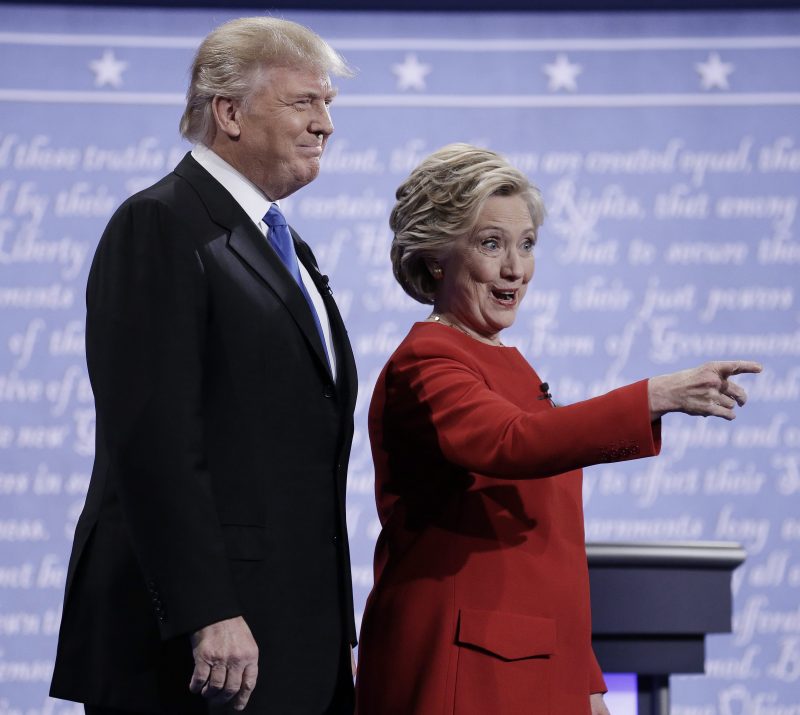 Democrat Hillary Clinton (R) and Republican Donald Trump (L) at the start of the first Presidential Debate at Hofstra University in Hempstead, New York, USA, 26 September 2016. The only Vice Presidential debate will be held on 04 October in Virginia, and the second and third Presidential Debates will be held on 09 October in Missouri and 19 October in Nevada. EPA/PETER FOLEY