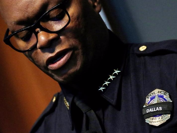 Dallas Police chief David Brown pauses during a press conference following the multiple police shootings in Dallas, Texas, U.S., July 11, 2016. REUTERS/Carlo Allegri/File Photo 