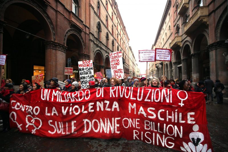 2016-02-14 17:01:41 epa05160563 Women take part in a rally as part of the 'One Billion Rising' movement in Bologna, Italy, 14 February 2016. The global movement fights for an end to violence against women. EPA/GIORGIO BENVENUTI