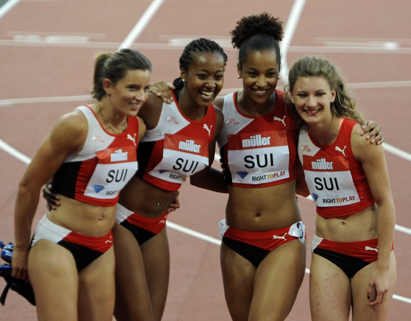 2016-07-22 18:38:37 epa05437099 Switzerland after the 4X100m relay women at the IAAF Diamond League in the London Olympic Stadium, London, Britain, 22 July 2016. EPA/GERRY PENNY