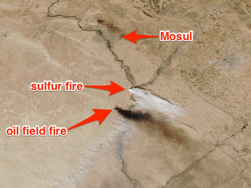 mosul sulfur fire smoke plume nasa satellite