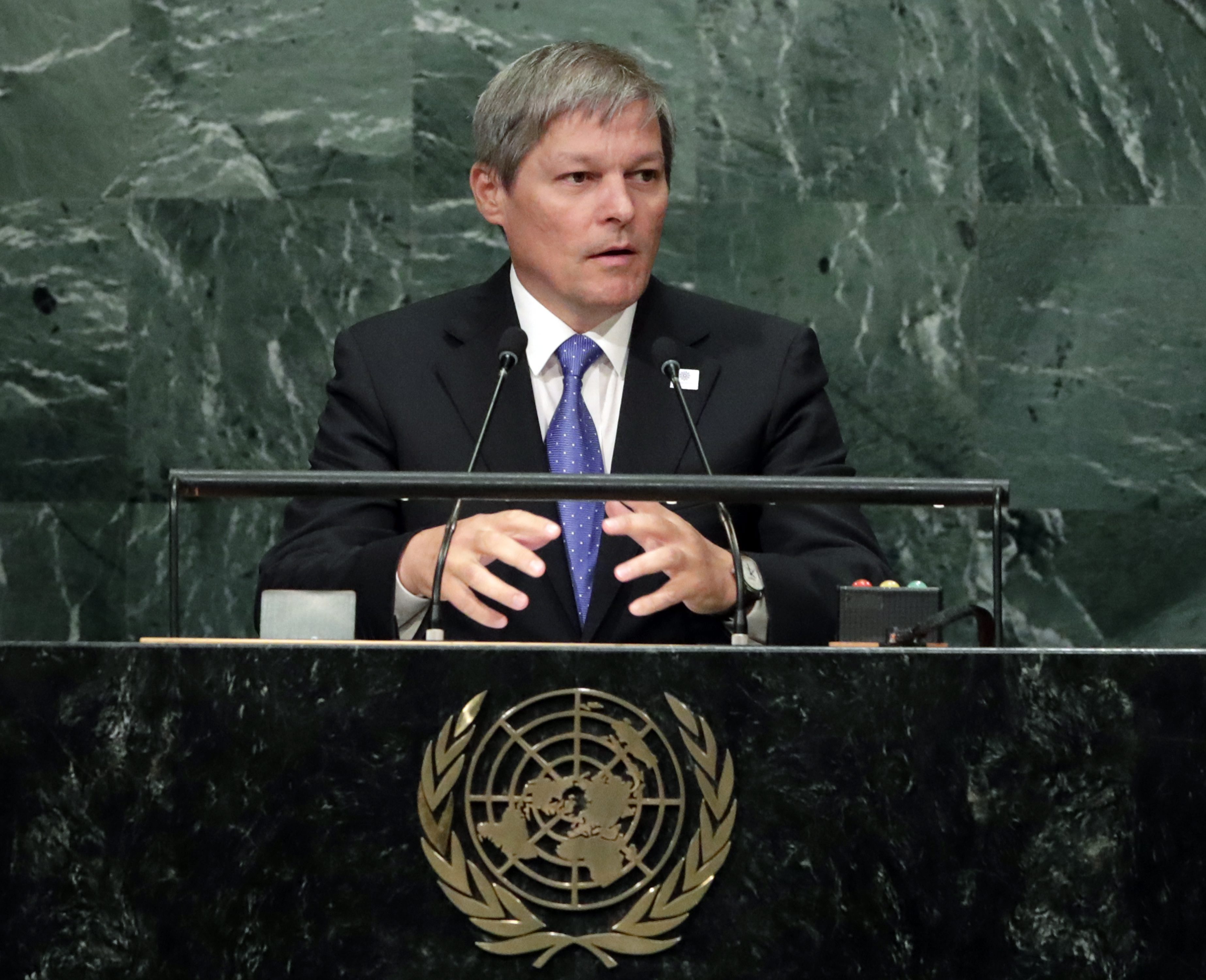 2016-09-21 11:20:18 epa05551342 Prime Minister of Romania Dacian Julien Ciolos addresses the General Debate of the 71st Session of the United Nations General Assembly at UN headquarters in New York, New York, USA, 21 September 2016. EPA/JASON SZENES