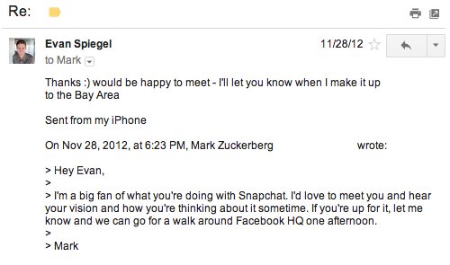 Mark zuckerberg facebook snapchat evan spiegel email