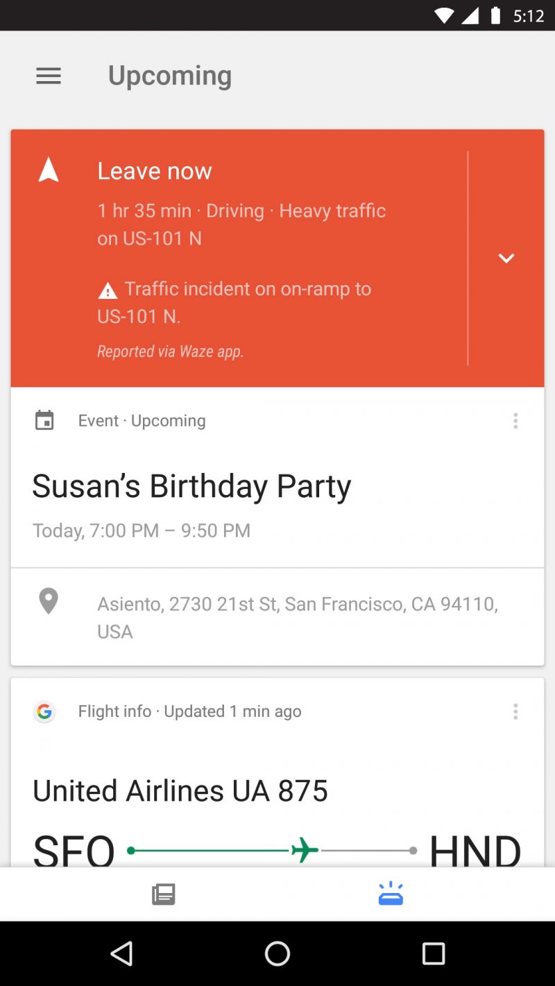 upcoming tab Google app