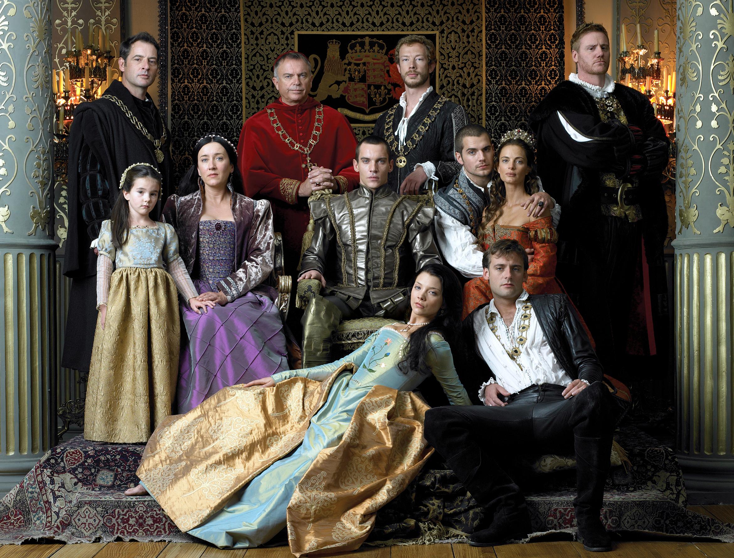Sitting-front (left-right) Natalie Dormer as Anne Boleyn and Callum Blue as Knivert. Sitting-middle (left-right): Blathnaid McKeown as Princess Mary, Maria Doyle Kennedy as Queen Katherine, Jonathan Rhys Meyers as Henry VIII, Henry Cavill as Charles Brandon, and Gabrielle Anwar as Princess Margaret. Standing (left-right): Jeremy Northam as Sir Thomas Moore, Sam Neill as Cardinal Wolsey, Kris Holden-Ried is William Compton and Steven Waddington as Edward Stafford - Photo: Francois Rousseau/Showtime - Photo ID: em-tudors-portrait_group_of_ten