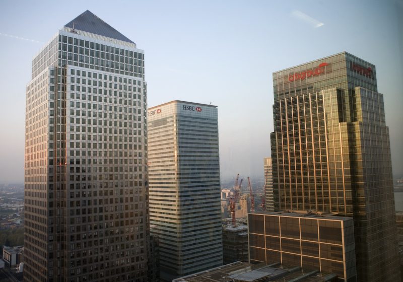 Three buildings in the Canary Wharf financial district of London May 7, 2008. Number one Canada Square, the HSBC building and the Citigroup building.