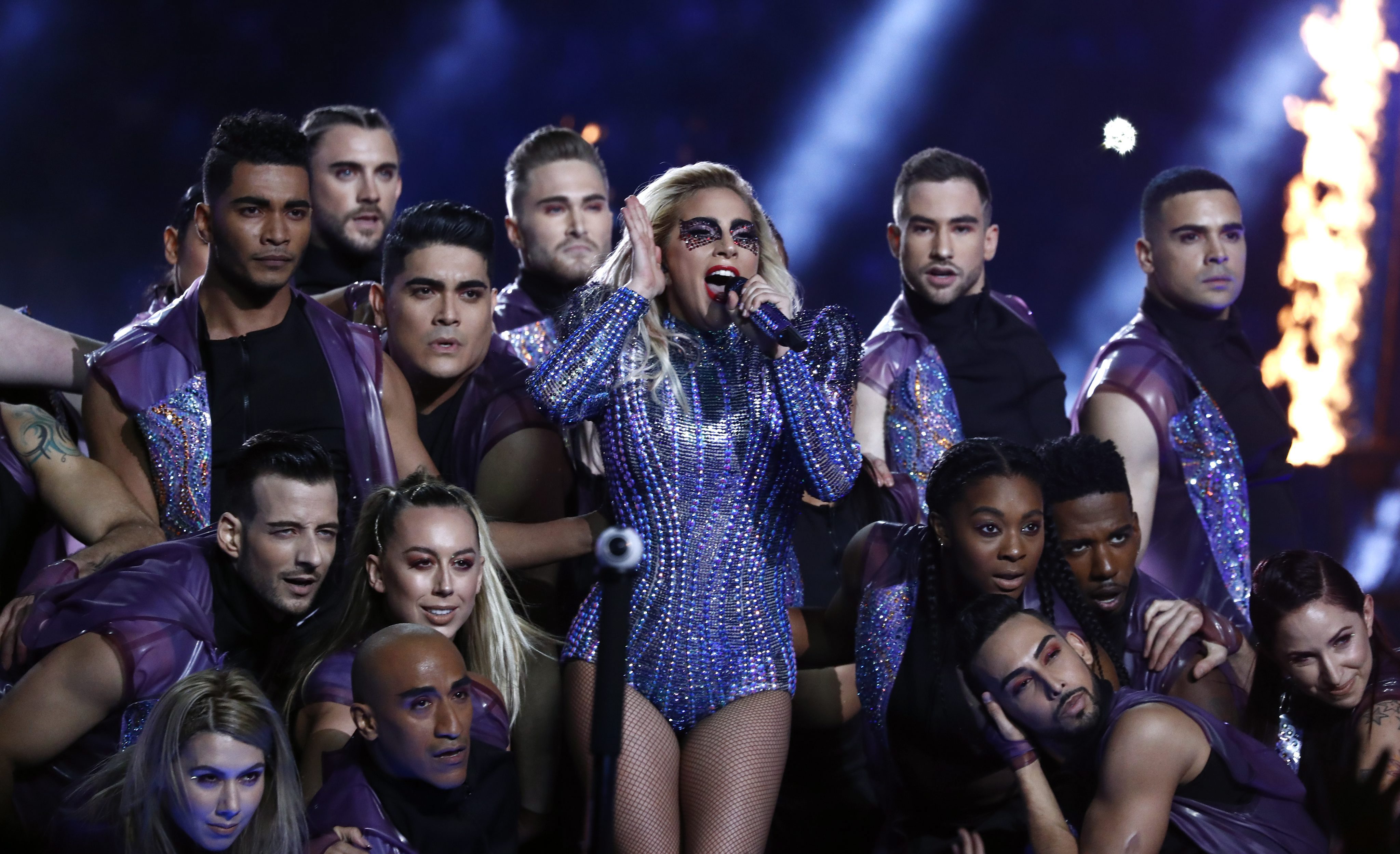 2017-02-05 19:16:25 epaselect epa05774044 US singer Lady Gaga performs during the Halftime Show of Super Bowl LI at NRG Stadium in Houston, Texas, USA, 05 February 2017. The AFC Champion Patriots play the NFC Champion Atlanta Falcons in the National Football League's annual championship game. EPA/LARRY W. SMITH