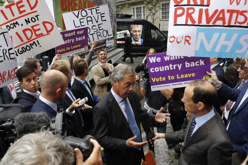 Leader of the United Kingdom Independence Party (UKIP) Nigel Farage speaks to media after a launch for an EU referendum poster in London, Britain June 16, 2016.