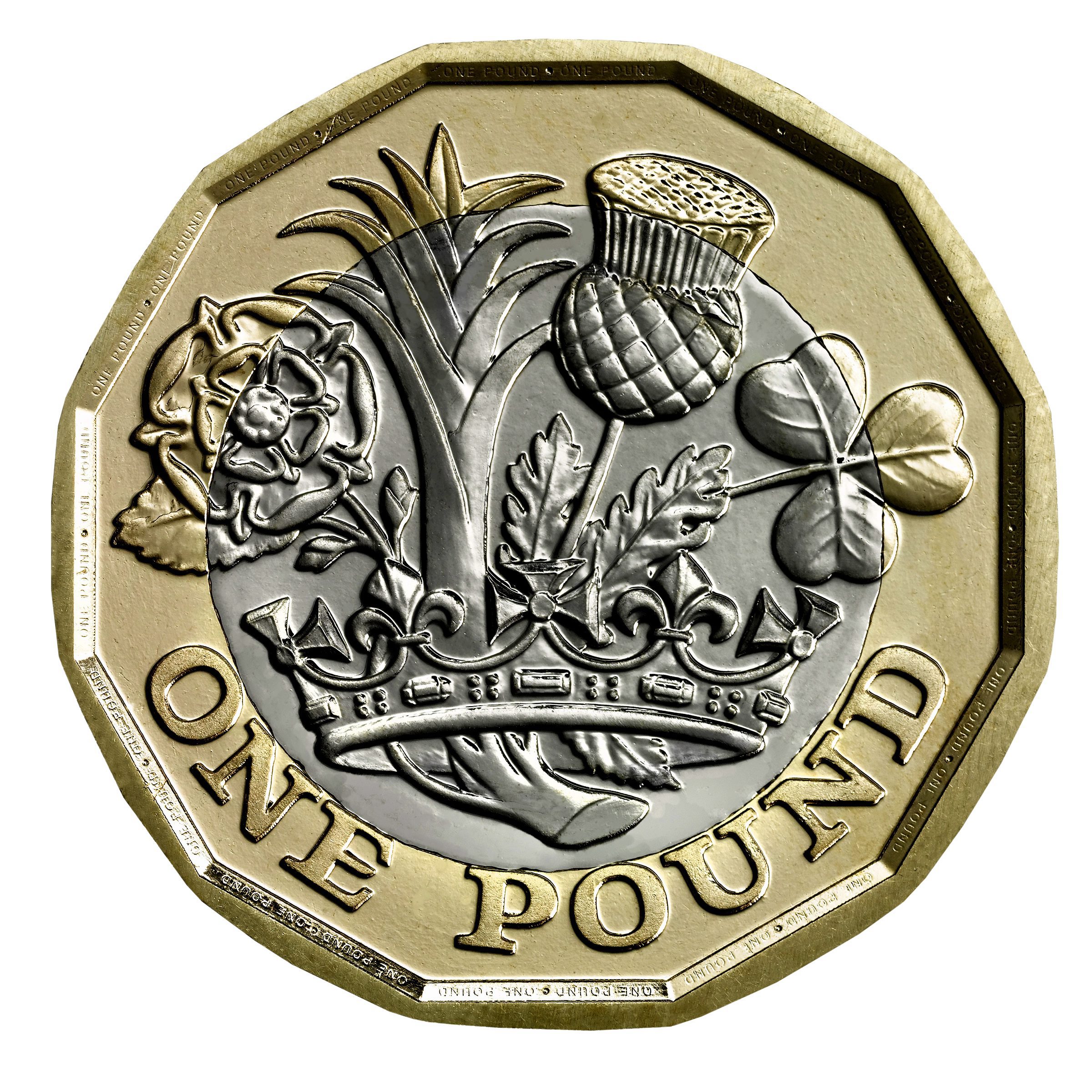 2015-03-18 15:11:47 epa04667921 A handout image provided by the British Royal Mint on 18 March 2015 in London, Britain, shows a new design for the One Pound Sterling Coin. The design was created by a 15 year old British schoolboy David Pearce, and as part of a national competition. The design features the leek, thistle, shamrock and rose, coming out of a royal crown to represent all nations within the United Kingdom. It will be in circulation in 2017. EPA/HO HANDOUT EDITORIAL USE ONLY/NO SALES