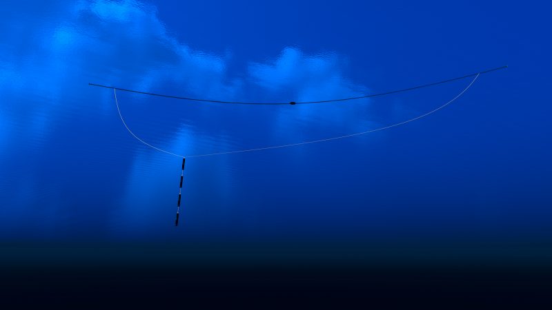 The Ocean Cleanup computer rendering, underwater full system view.