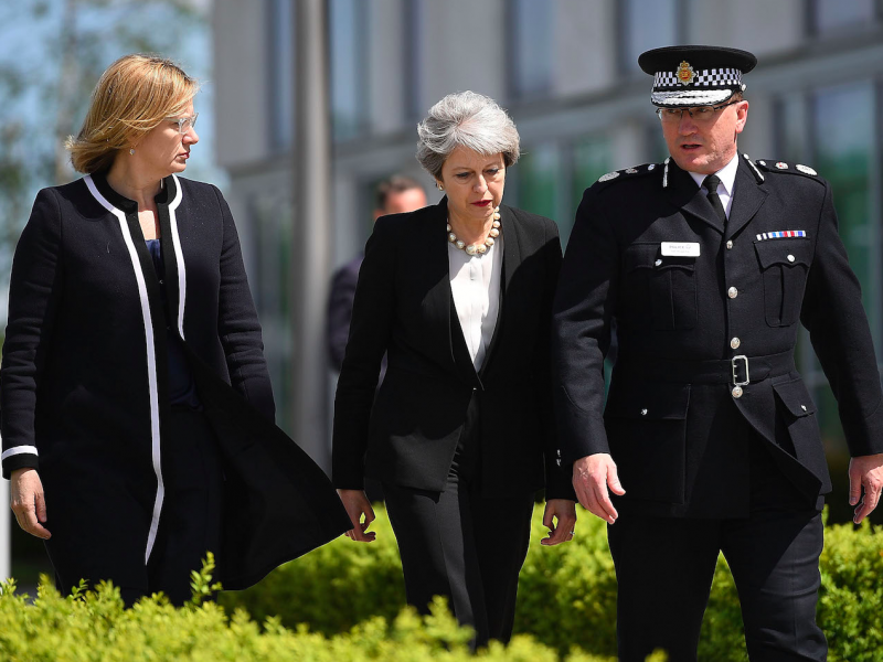 Home Secretary Amber Rudd and Britain's Prime Minister Theresa May (C) meet Chief Constable of Greater Manchester Police Ian Hopkins on May 23, 2017 in Manchester, England. Prime Minister Theresa May held a COBRA meeting this morning following a suicide attack at Manchester Arena as concert goers were leaving the venue after Ariana Grande had performed. Greater Manchester Police have confirmed the explosion as a terrorist attack with 22 fatalities and 59 injured. (Photo by )