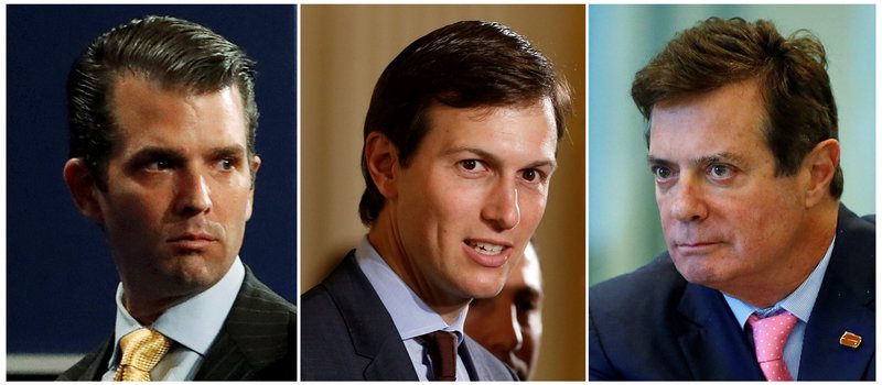 FILE PHOTO - A combination photo of Donald Trump Jr. from July 11, 2017, Jared Kushner from June 6, 2017 and Paul Manafort from August 17, 2016.  REUTERS/Brian Snyder, Carlo Allegri (R)/File Photo