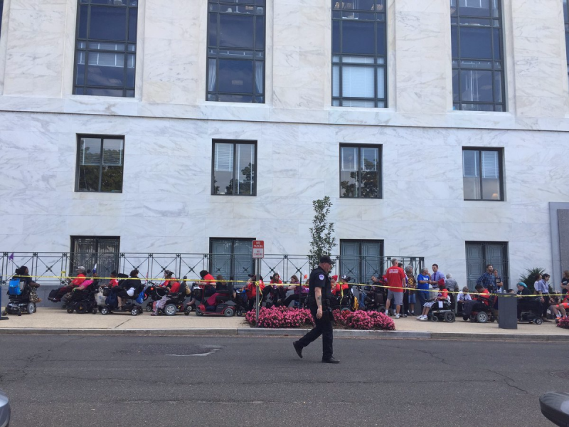 The line of arrested protesters outside the Dirksen Senate Office Building.