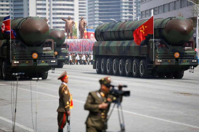 Intercontinental ballistic missiles (ICBM) are driven past the stand with North Korean leader Kim Jong Un and other high ranking officials during a military parade marking the 105th birth anniversary of country's founding father Kim Il Sung, in Pyongyang April 15, 2017. REUTERS/Damir Sagolj
