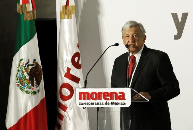 Andres Manuel Lopez Obrador, presidential pre-candidate of the National Regeneration Movement (MORENA), delivers a speech during an event to unveil his security plan if he wins this year's election, in Mexico City, Mexico January 4, 2018. REUTERS/Carlos Jasso