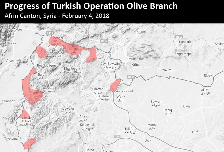 Gains made by Turkish forces in Syria's Afrin in first two weeks of campaign.