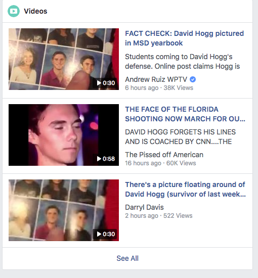 david hogg trending on facebook conspiracy videos