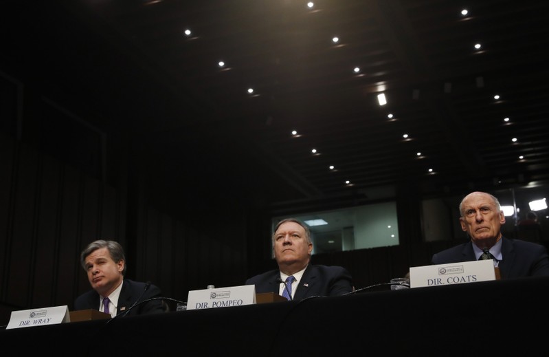 Federal Bureau of Investigation (FBI) Director Christopher Wray; Central Intelligence Agency (CIA) Director Mike Pompeo; and Director of National Intelligence (DNI) Dan Coats testify before a Senate Intelligence Committee hearing on 