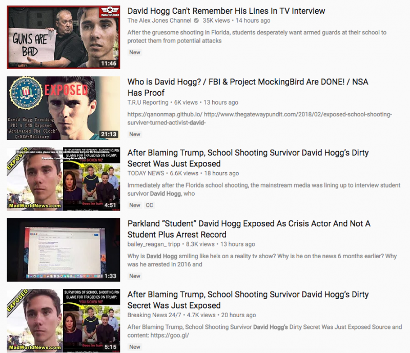 david hogg youtube search results conspiracy theories