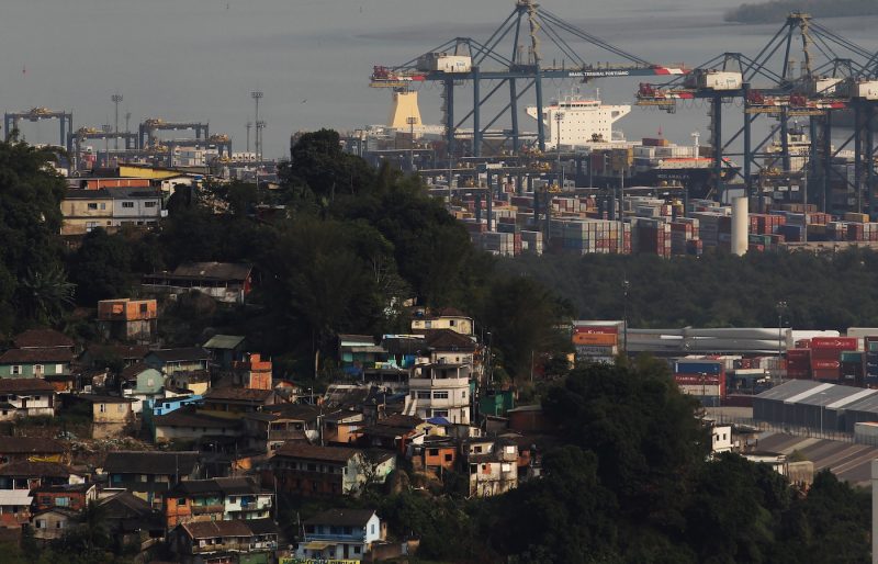 Brazil port Santos favelas city cargo container ships