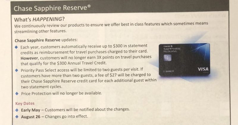 Chase Sapphire Reserve benefits reduction