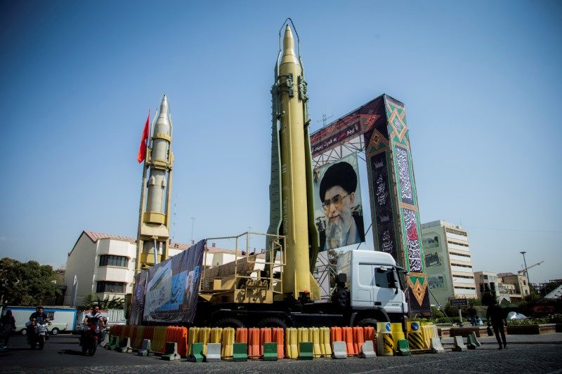 FILE PHOTO: A display featuring missiles and a portrait of Iran's Supreme Leader Ayatollah Ali Khamenei is seen at Baharestan Square in Tehran, Iran September 27, 2017. Nazanin Tabatabaee Yazdi/TIMA via REUTERS 
