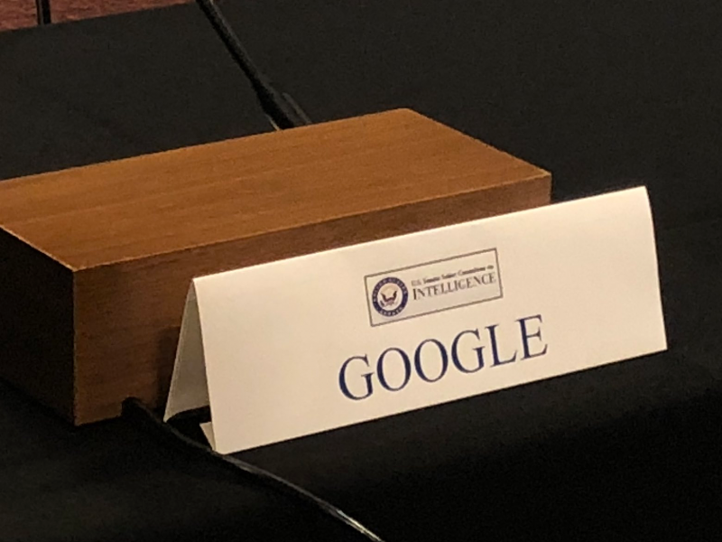 The empty name tag left for Google's absence at the Senate Select Committee on Intelligence's hearing on election security on September 5, 2018.