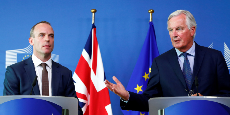 European Union's chief Brexit negotiator, Michel Barnier attends a media briefing with Britain's Secretary of State for Exiting the European Union, Dominic Raab, after a meeting at the EU Commission headquarters in Brussels, Belgium August 21, 2018. REUTERS/Francois Lenoir/File Photo