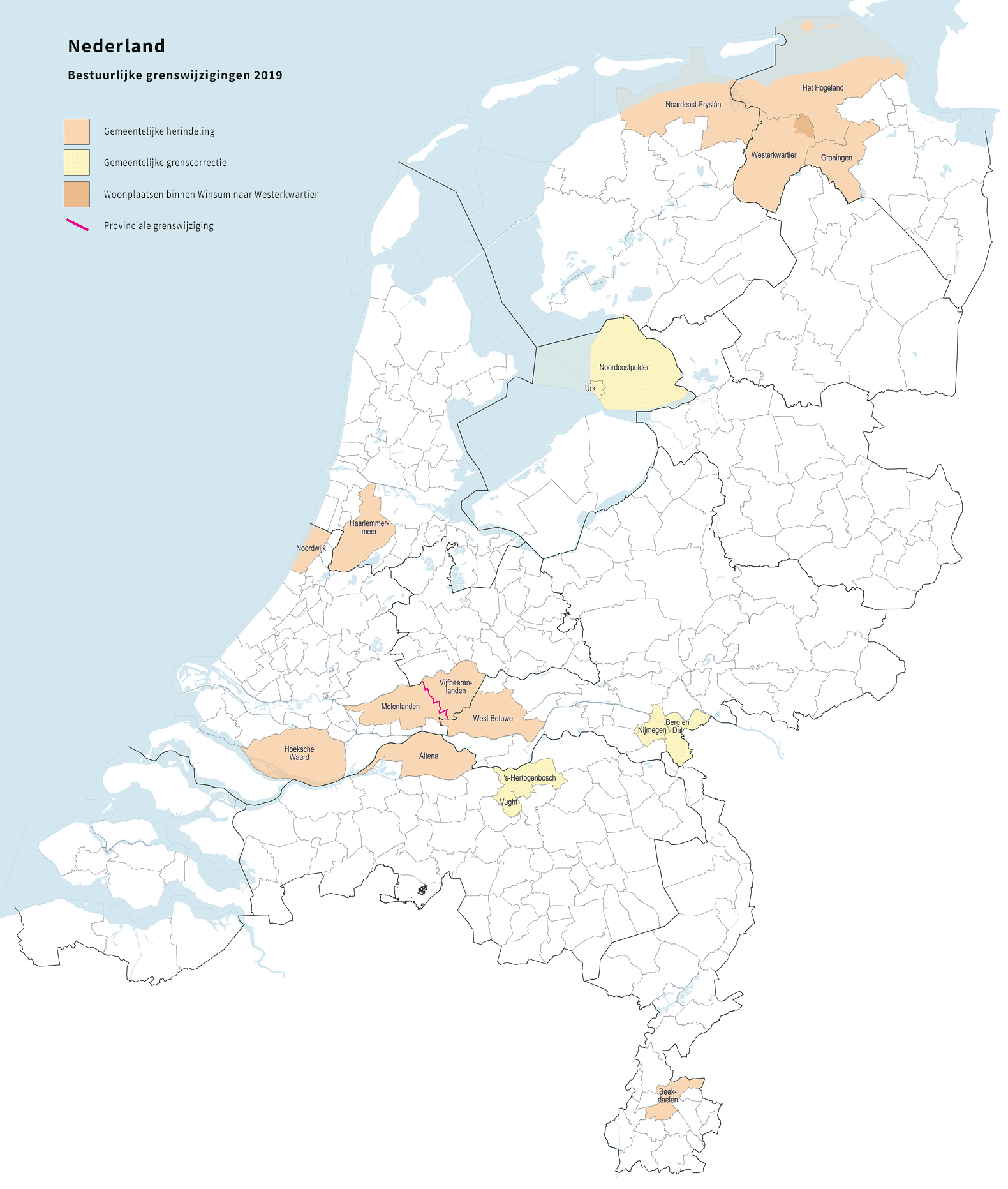Alle gemeentelijke herindelingen per 1 januari 2019 op een kaart. In de lichtergekleurde gemeentes vindt een grenscorrectie plaats. Graphic: Jan-Willem van Aalst / Wikimedia Commons