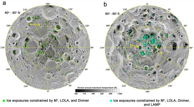 ice water map moon lunar north south poles polar deposits shadowed craters max temperature pnas lro nasa 178152