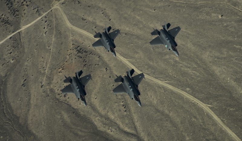 A formation of 35 F-35A Lightning IIs, from the 388th and 419th Fighter Wings fly over the Utah Test and Training Range as part of a combat power exercise on Nov. 19, 2018.