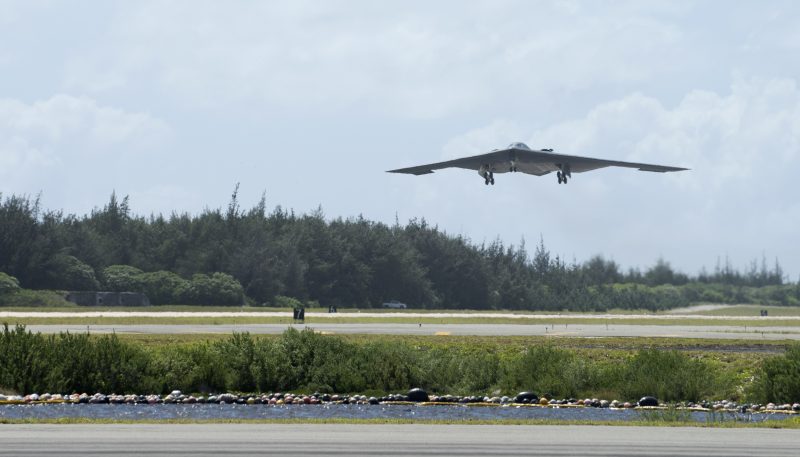 U.S. Air Force B-2 Spirit deployed from Whiteman Air Force Base, Missouri, takes off from Wake Island Airfield Sept. 14, 2018.