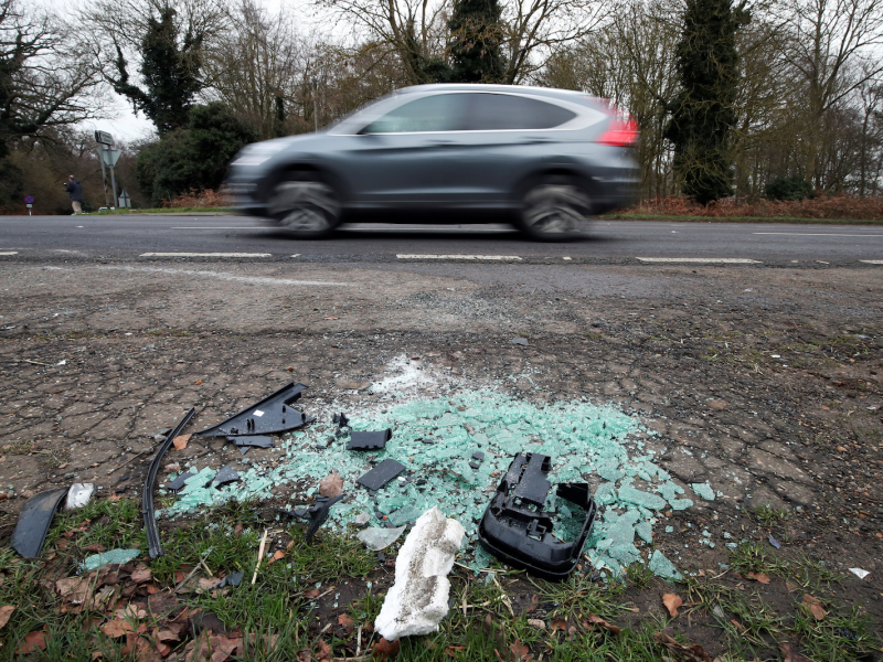 Debris is seen at the scene where Britain's Prince Philip was involved in a traffic accident, near the Sandringham estate in eastern England, Britain, January 18, 2019.