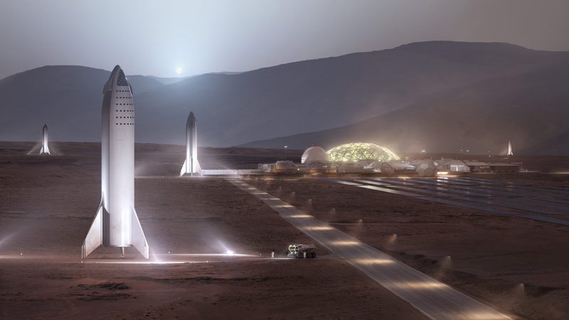 big falcon rocket bfr spaceship bfs mars colony colonization illustration spacex