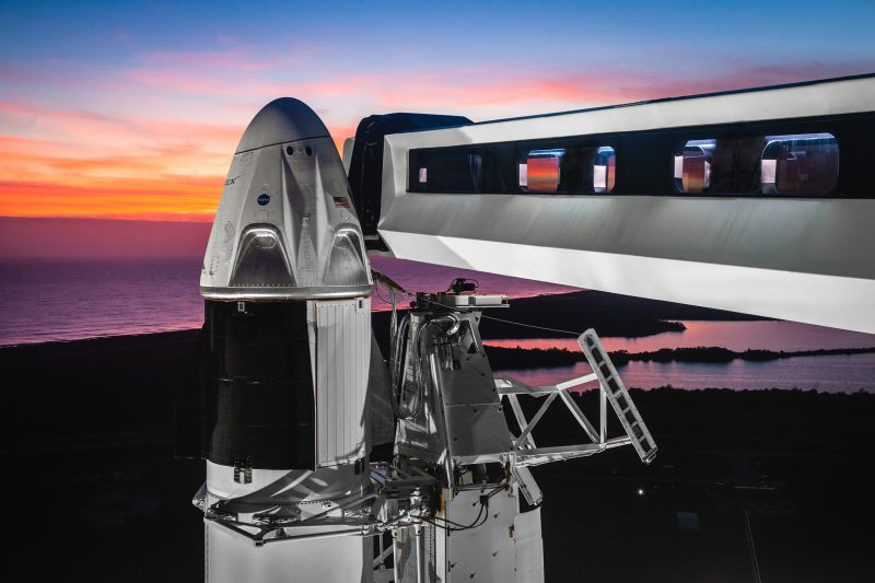 spacex crew dragon space capsule ship falcon 9 rocket launch pad 39a arm nasa commercial crew program ccp