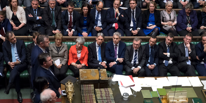 Theresa May and the Conservative frontbench await the result of vote on her Brexit deal, March 12, 2019.