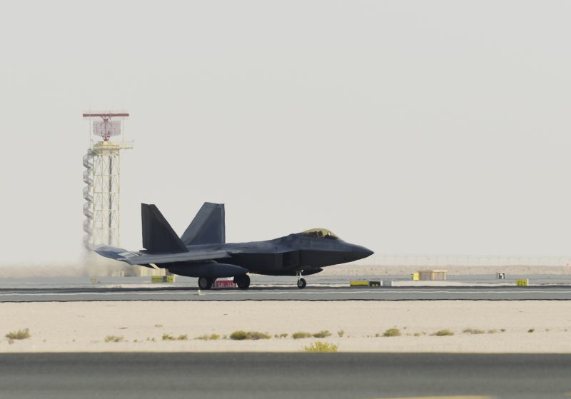 A U.S. Air Force F-22 Raptor arrives at Al Udeid Air Base, Qatar, June 27, 2019.