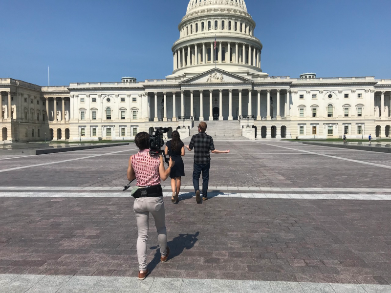 Lears films Ocasio-Cortez and Roberts outside the Capitol building in Washington in 2018.
