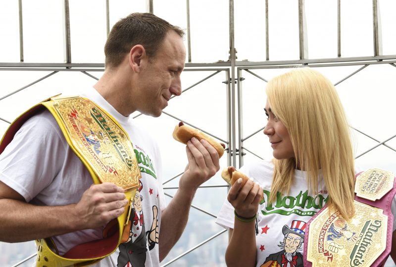 defending champions joey chestnut and miki sudo nathan's hot dog contest