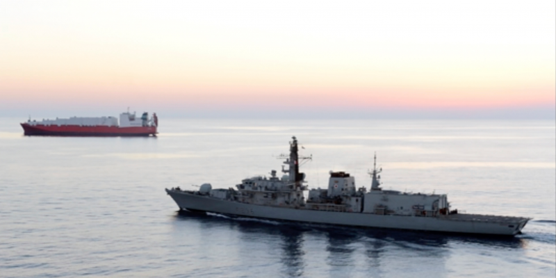In this image from file video provided by UK Ministry of Defence, British navy vessel HMS Montrose escorts another ship during a mission to remove chemical weapons from Syria at sea off coast of Cyprus in February 2014. The British Navy said it intercepted an attempt on Thursday, July 11, 2019, by three Iranian paramilitary vessels to impede the passage of a British commercial vessel just days after Iran’s president warned of repercussions for the seizure of its own supertanker. A U.K. government statement said Iranian vessels only turned away after receiving “verbal warnings” from the HMS Montrose accompanying the commercial ship through the narrow Strait of Hormuz. (UK Ministry of Defence via AP)