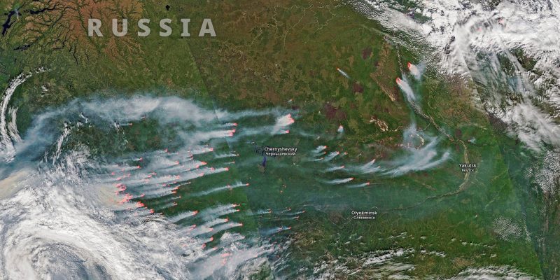 Several wildfires between about 57°N and 70°N in Krasnoyarsk Krai and Sakha Republic, Russia - July 21st, 2019. Flickr/Pierre Markuse 1920 960
