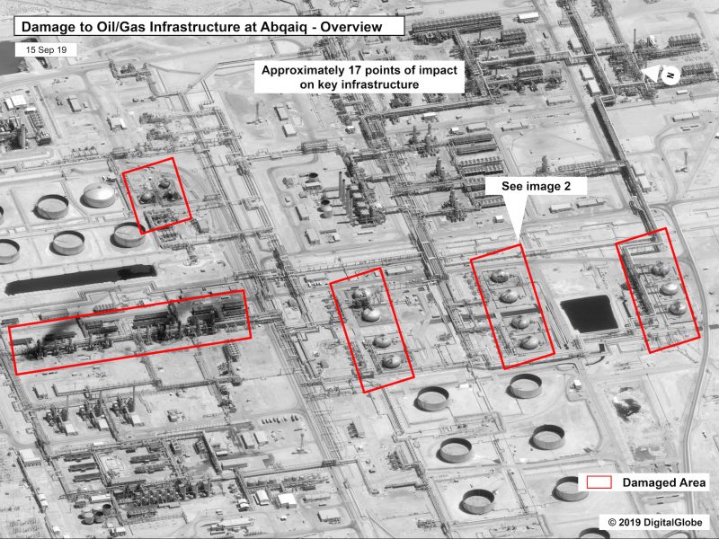This image provided on Sunday, Sept. 15, 2019, by the U.S. government and DigitalGlobe and annotated by the source, shows damage to the infrastructure at Saudi Aramco's Abaqaiq oil processing facility in Buqyaq, Saudi Arabia. The drone attack Saturday on Saudi Arabia's Abqaiq plant and its Khurais oil field led to the interruption of an estimated 5.7 million barrels of the kingdom's crude oil production per day, equivalent to more than 5% of the world's daily supply.