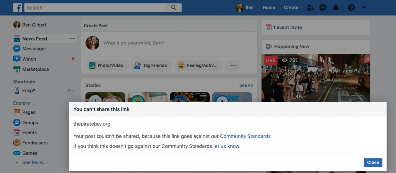 Facebook blocks The Pirate Bay links