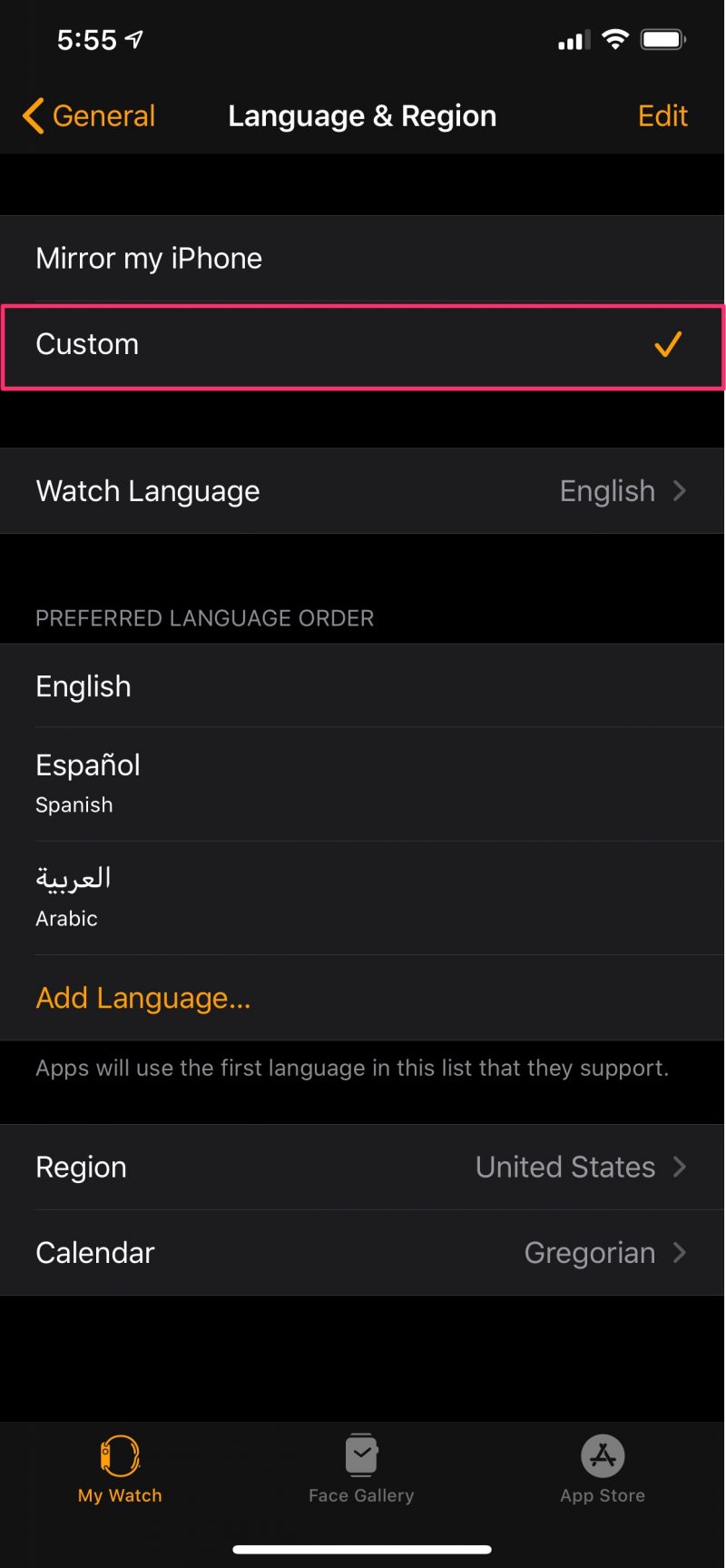 Apple Watch language settings