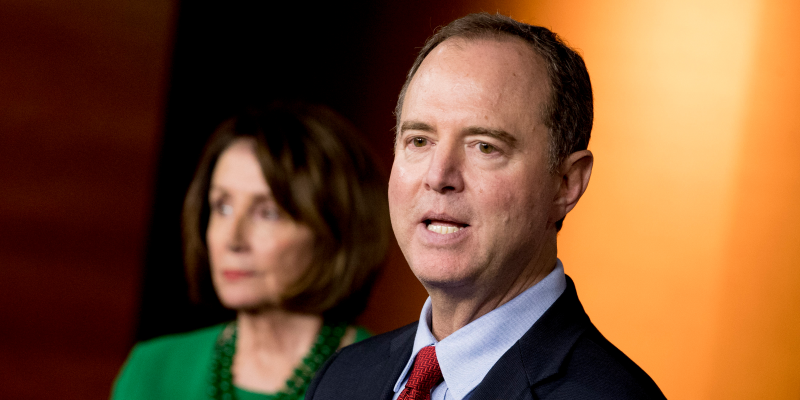 Rep. Adam Schiff, D-Calif., Chairman of the House Intelligence Committee, right, accompanied by House Speaker Nancy Pelosi of Calif., left, speaks about the House impeachment inquiry into President Donald Trump at a news conference on Capitol Hill in Washington, Tuesday, Oct. 15, 2019. (AP Photo/Andrew Harnik)