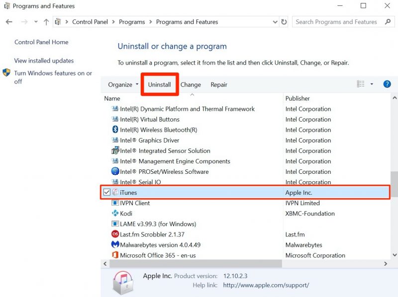 how to uninstall itunes windows 10 5