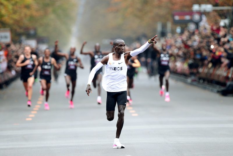 Kenya's Eliud Kipchoge, the marathon world record holder, crosses the finish line during his attempt to run a marathon in under two hours in Vienna, Austria, October 12, 2019. REUTERS/Lisi Niesner