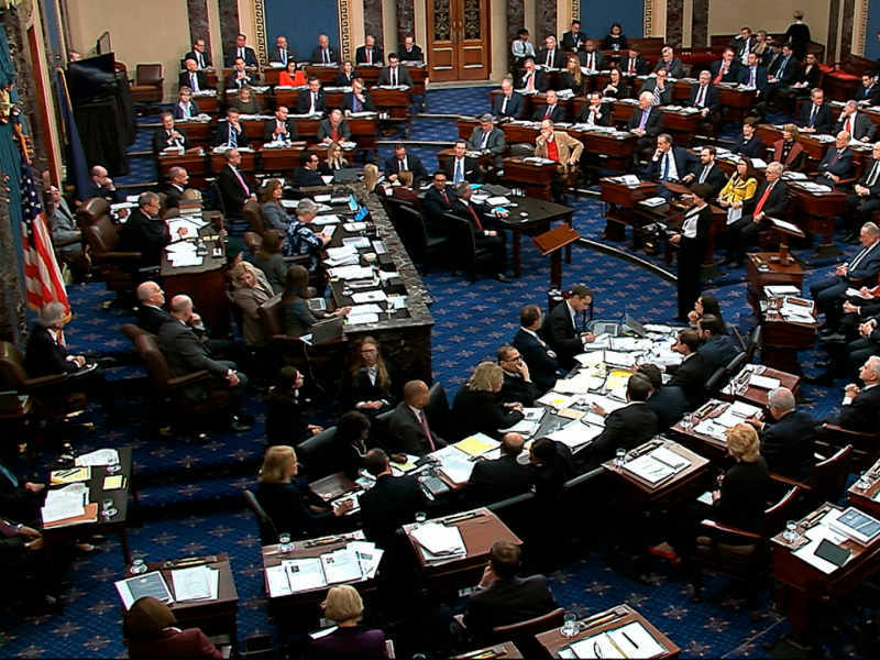 In this image from video, the Senate votes on the amendment offered by Senate Minority Leader Chuck Schumer, D-N.Y., in the impeachment trial against President Donald Trump in the Senate at the U.S. Capitol in Washington, Tuesday, Jan. 21, 2020. (Senate Television via AP)