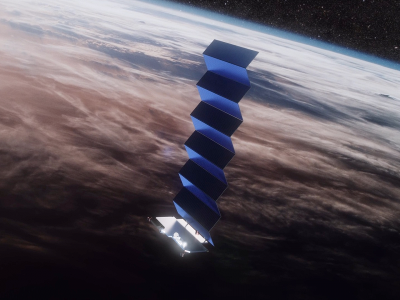 spacex starlink internet satellite spacecraft solar panels arrays earth orbit illustration 00002